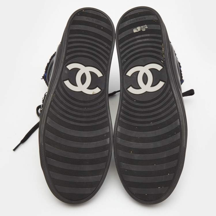 Pre Owned Chanel Black Leather CC Double Zip Accent High Top Sneakers Size 38 