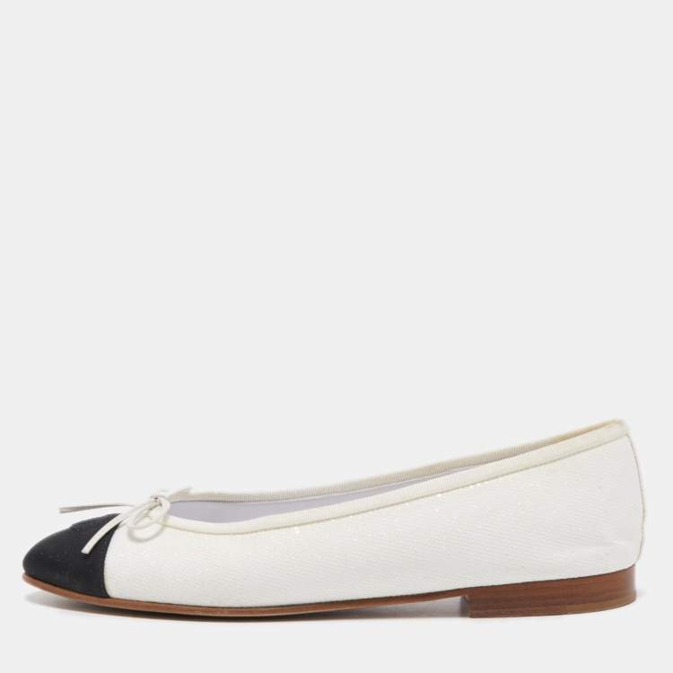Chanel White/Black Glitter And Canvas CC Cap Toe Bow Ballet Flats Size 39.5  Chanel | The Luxury Closet