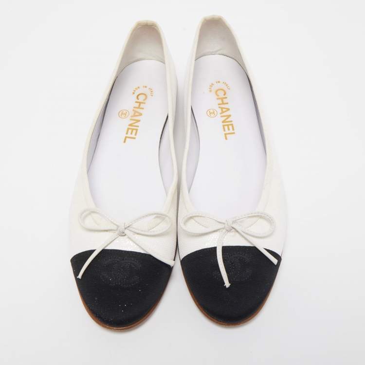 Pre Owned Chanel White/Black Glitter And Canvas CC Cap Toe Bow Ballet Flats Size 39.5