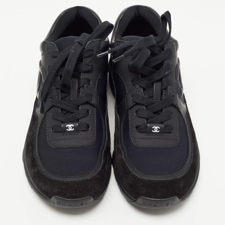 Pre Owned Chanel Black Leather and Suede CC Low Top Sneakers Size 37