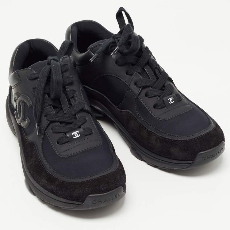 Pre Owned Chanel Black Leather and Suede CC Low Top Sneakers Size 37