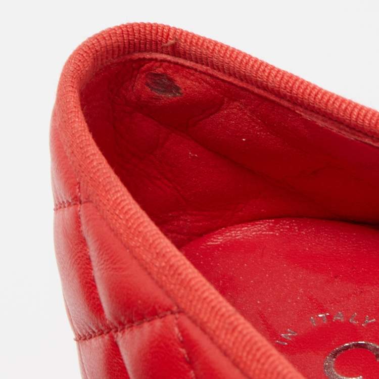 Pre Owned Chanel Red Quilted Leather CC Bow Ballet Flats Size 35.5