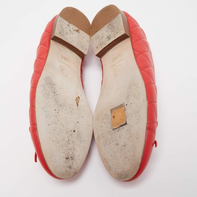 Pre Owned Chanel Red Quilted Leather CC Bow Ballet Flats Size 35.5