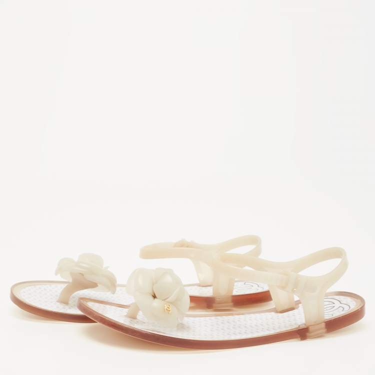 Chanel White Jelly CC Camellia Thong Flat Sandals Size 37 Chanel