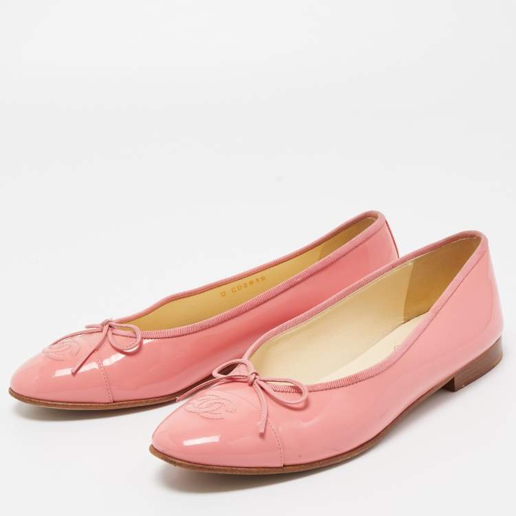 Chanel Pink Patent Leather CC Cap Toe Bow Ballet Flats Size 38.5