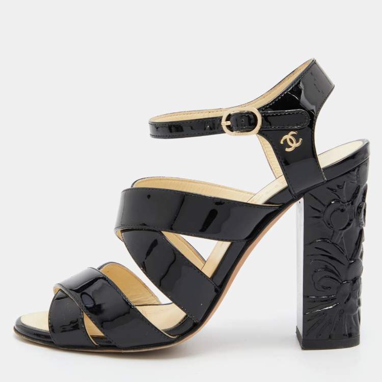 Chanel Black Patent Leather CC Floral Block Heel Strappy Sandals Size 36  Chanel