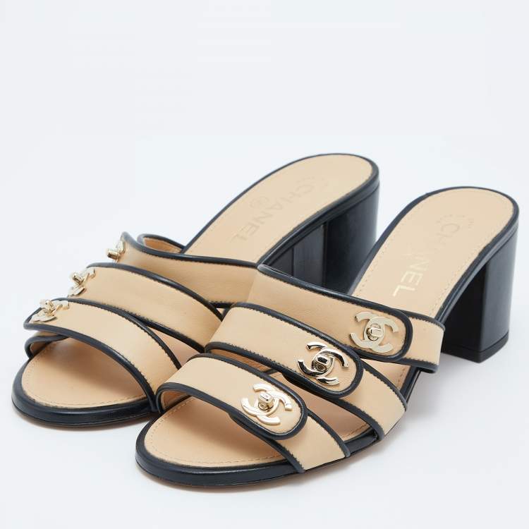 Chanel Beige/Black CC Turn Lock Block Heel Sandals Size 38.5