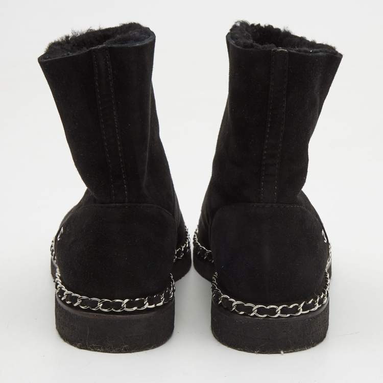Pre Owned Chanel  Black Suede Chain Detail Ankle Boots Size 39