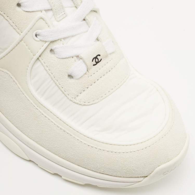 Pre Owned Chanel White Suede and Neoprene CC Low Top Sneakers Size 38.5