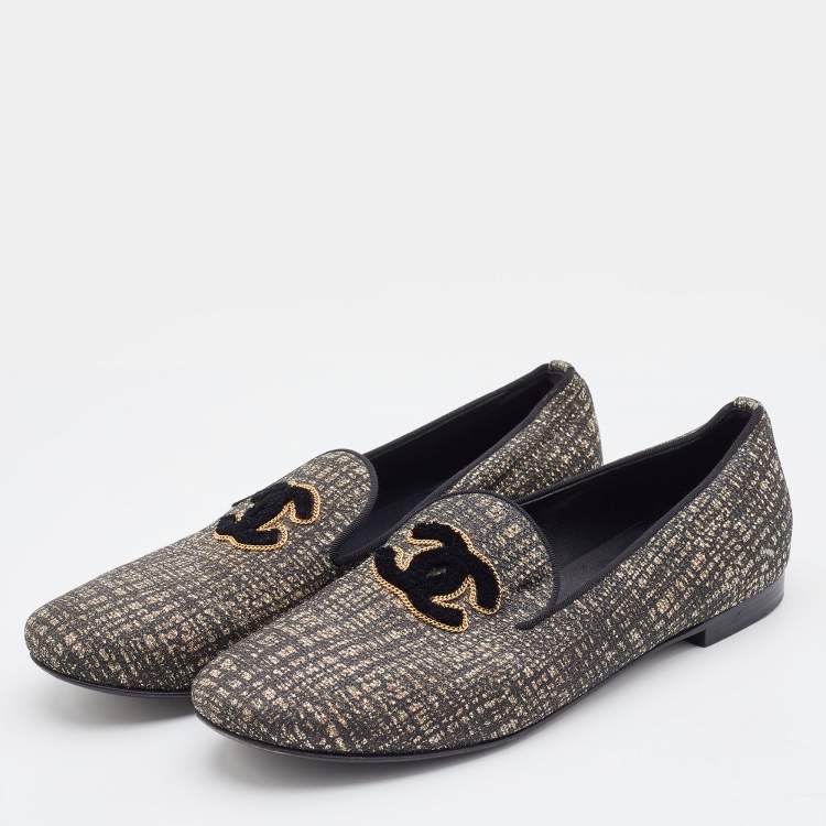 Chanel Black/Gold Tweed Smoking Slippers Size 36 Chanel