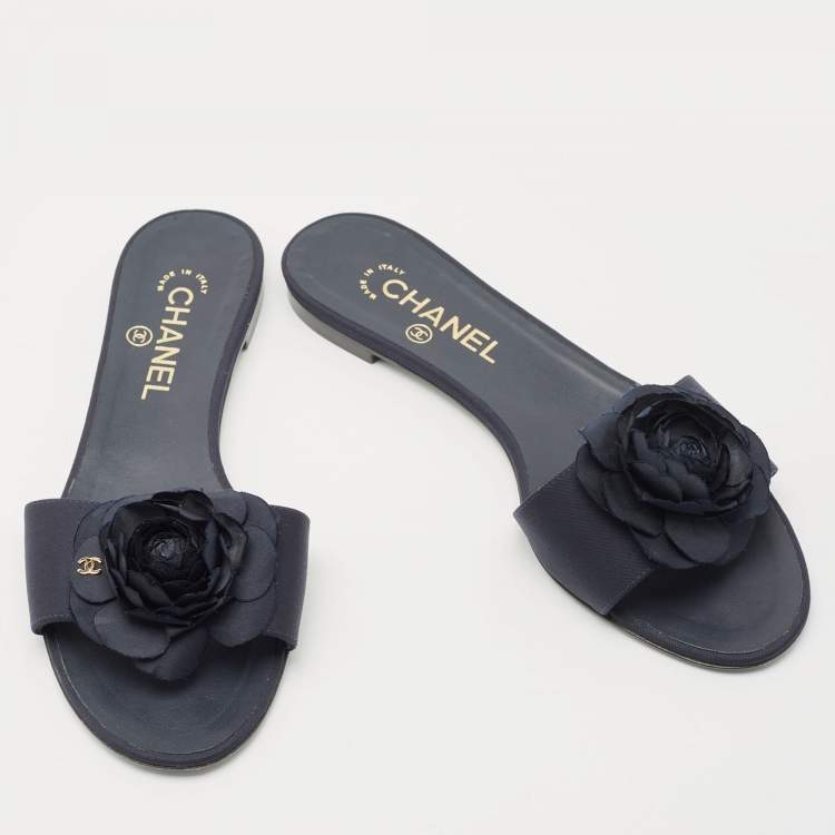 Pre Owned Chanel Blue Canvas Camellia Accent Slides Size 39