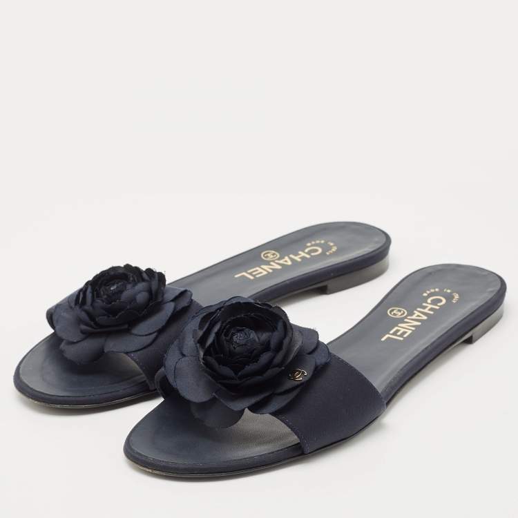 Pre Owned Chanel Blue Canvas Camellia Accent Slides Size 39