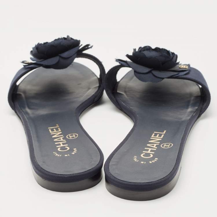 Pre Owned Chanel Blue Canvas Camellia Accent Slides Size 39