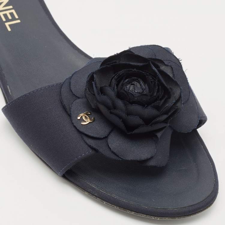 Pre Owned Chanel Blue Canvas Camellia Accent Slides Size 39