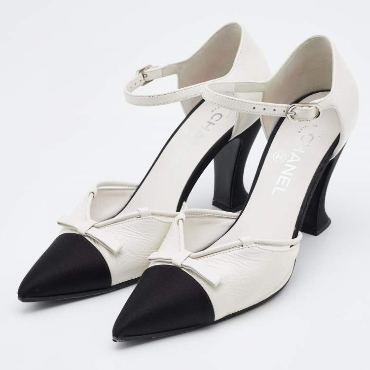 Chanel Cream/Black Leather, Satin and Canvas Pointed Cap Toe Ankle Strap  Pumps Size 38 Chanel