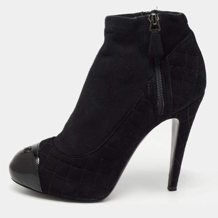 Chanel Black Quilted Suede and Patent CC Cap Toe Ankle Boots Size