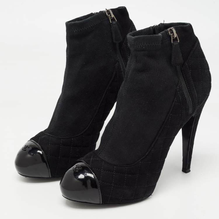 Chanel Black Quilted Suede and Patent CC Cap Toe Ankle Boots Size