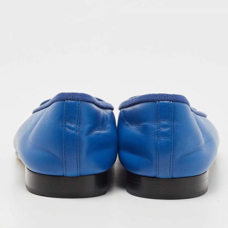 Pre Owned Chanel Blue/Black Leather CC Cap Toe Bow Ballet Flats Size 38