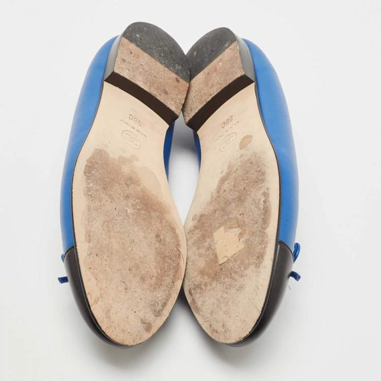 Pre Owned Chanel Blue/Black Leather CC Cap Toe Bow Ballet Flats Size 38
