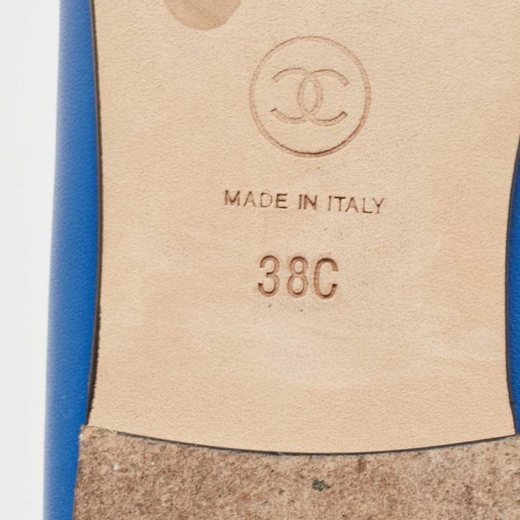 Pre Owned Chanel Blue/Black Leather CC Cap Toe Bow Ballet Flats Size 38