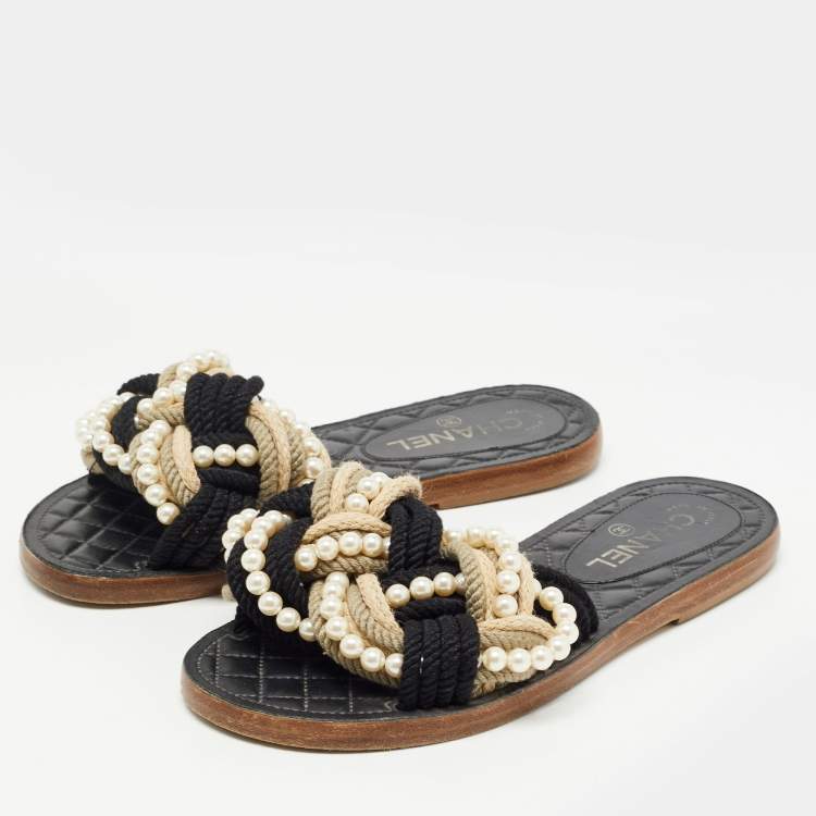 Chanel Multicolor Rope With Faux Pearls Cuba Slide Sandals Size 37