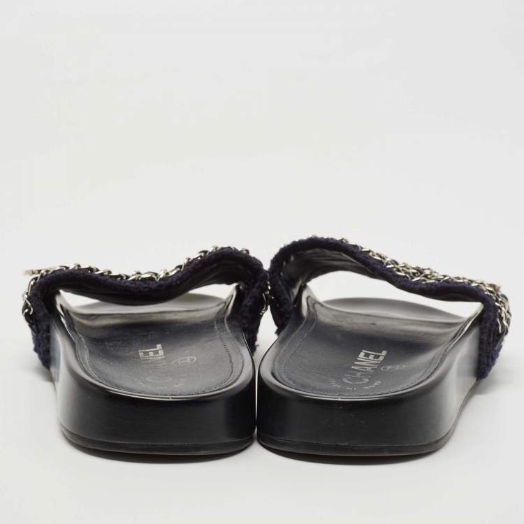 Pre Owned Chanel Blue Tweed and Leather Tropiconic Chain Slides Flats Size 37