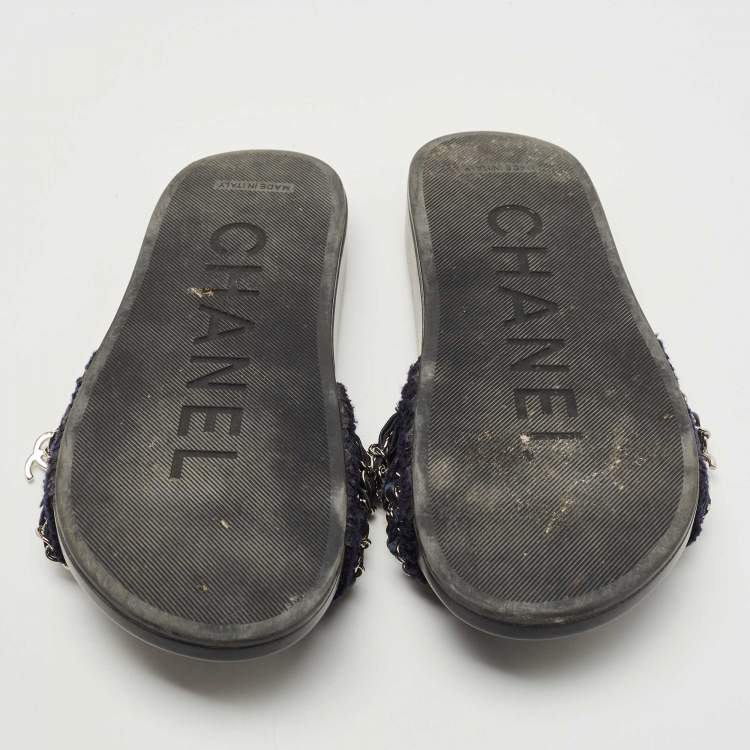 Pre Owned Chanel Blue Tweed and Leather Tropiconic Chain Slides Flats Size 37