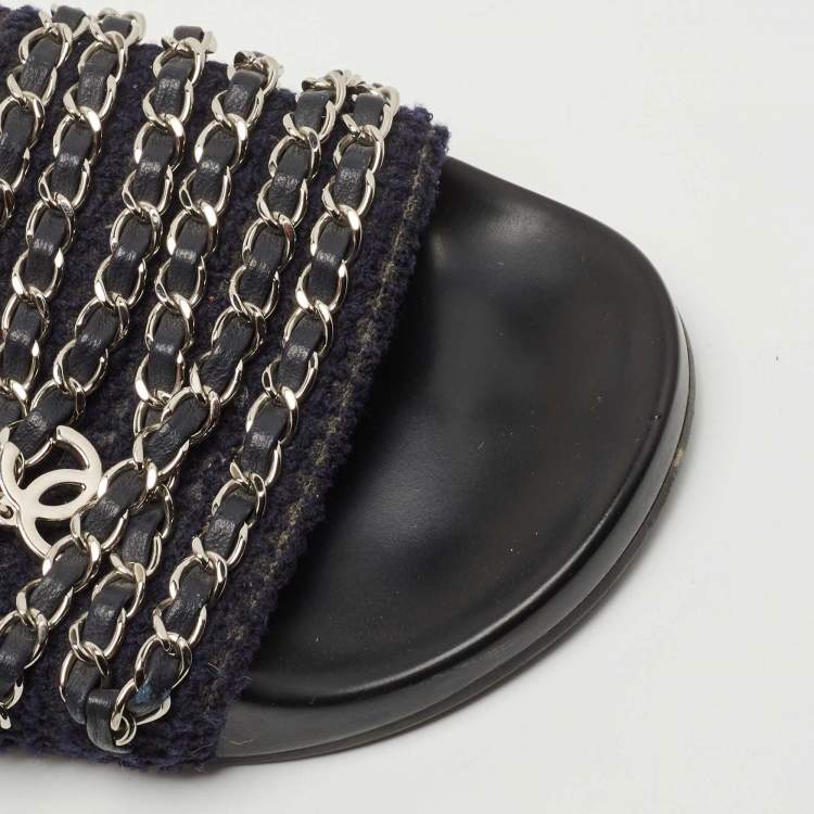Pre Owned Chanel Blue Tweed and Leather Tropiconic Chain Slides Flats Size 37