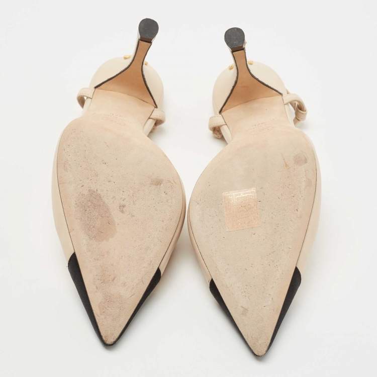 Pre Owned Chanel Cream/Black Leather And Satin Cap-Toe Slingback Pumps Size 37