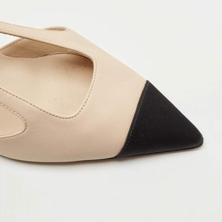 Pre Owned Chanel Cream/Black Leather And Satin Cap-Toe Slingback Pumps Size 37