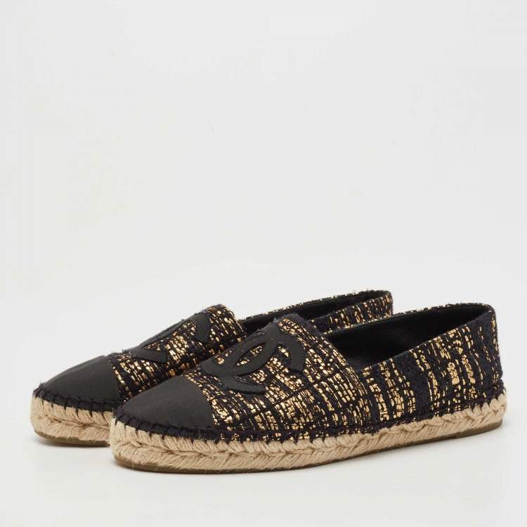 Pre Owned Chanel Gold/Black Woven Fabric CC Espadrille Flats Size 38