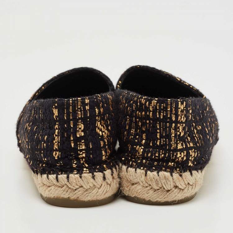 Pre Owned Chanel Gold/Black Woven Fabric CC Espadrille Flats Size 38