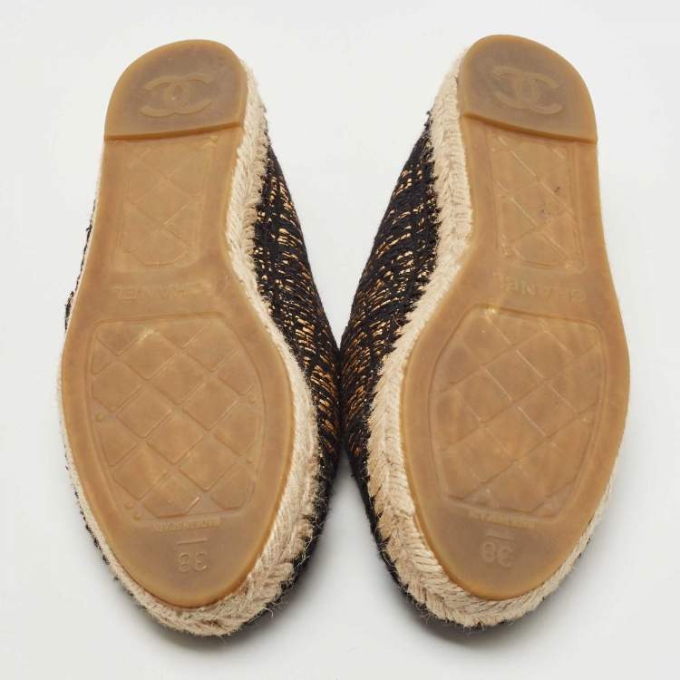 Pre Owned Chanel Gold/Black Woven Fabric CC Espadrille Flats Size 38