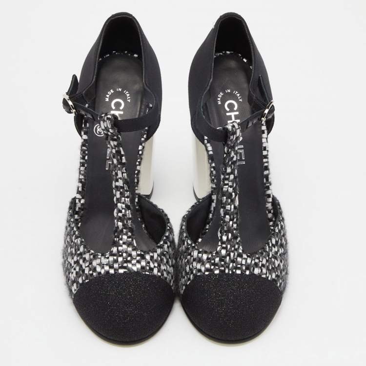 Pre Owned Chanel Black/Silver Woven Leather and Fabric T-Strap Pumps Size 39