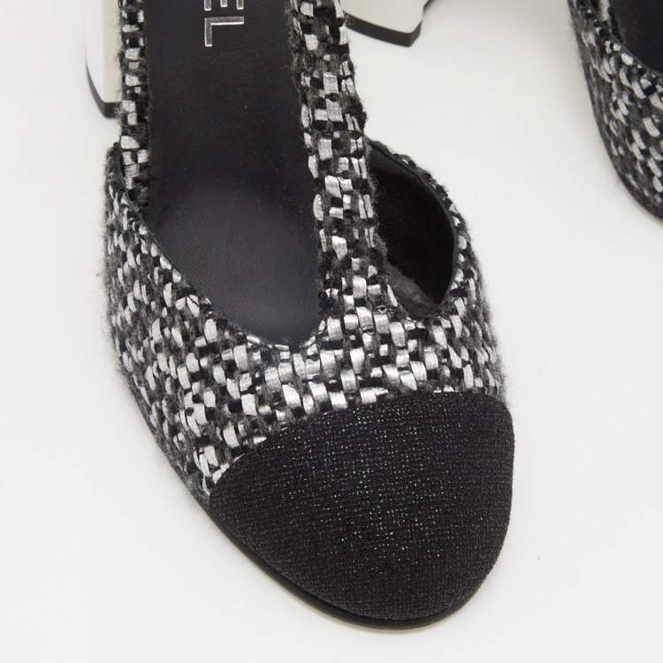 Pre Owned Chanel Black/Silver Woven Leather and Fabric T-Strap Pumps Size 39