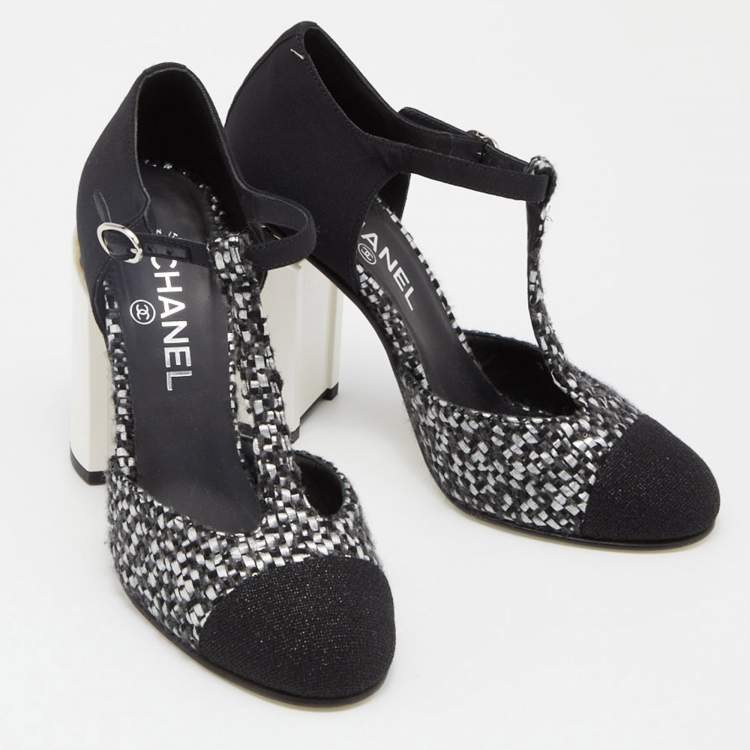 Pre Owned Chanel Black/Silver Woven Leather and Fabric T-Strap Pumps Size 39
