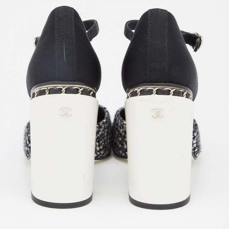 Pre Owned Chanel Black/Silver Woven Leather and Fabric T-Strap Pumps Size 39