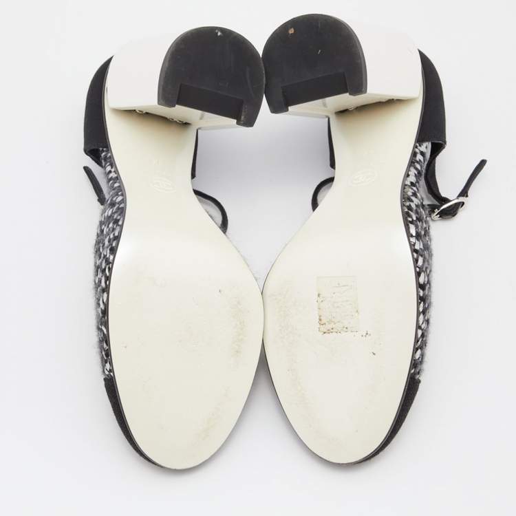 Pre Owned Chanel Black/Silver Woven Leather and Fabric T-Strap Pumps Size 39