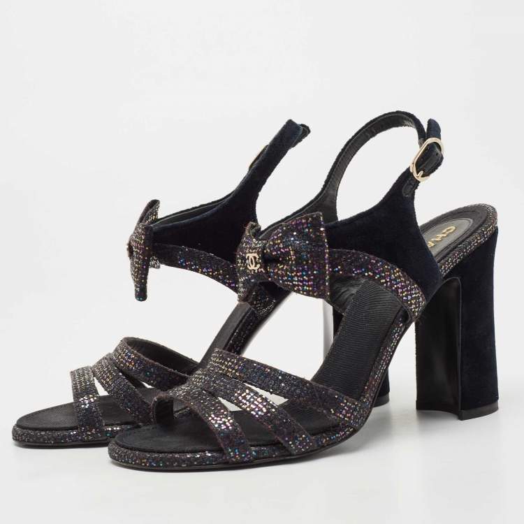 Chanel Blue/Purple Velvet and Glitter Bow Sandals Size 39
