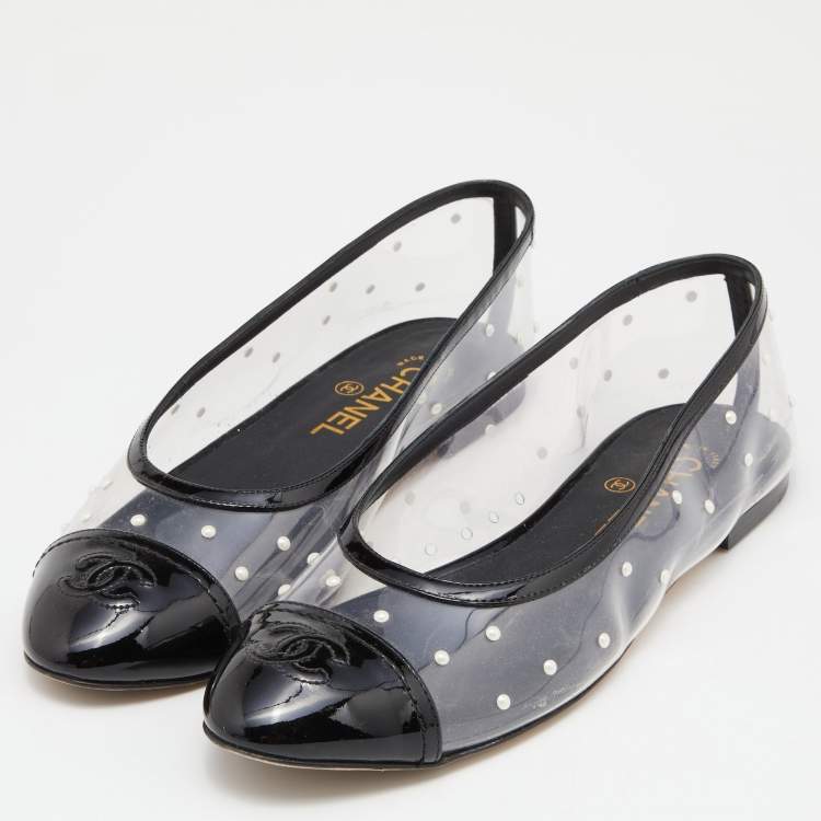 Chanel Black PVC and Patent Leather Pearl CC Cap Toe Ballet Flats