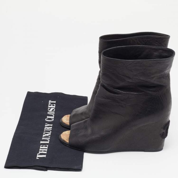Pre Owned Chanel Black Leather Peep Toe Wedge Ankle Boots Size 40
