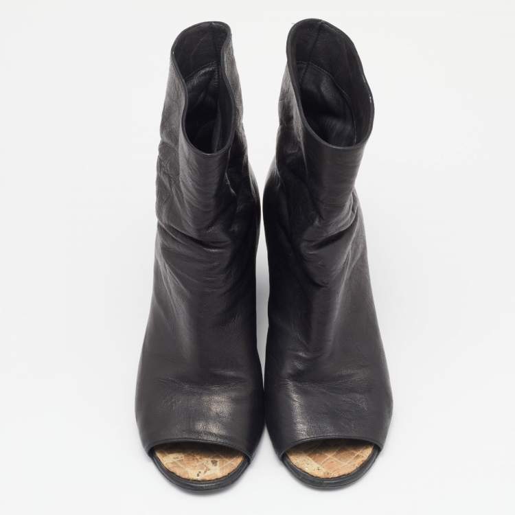 Pre Owned Chanel Black Leather Peep Toe Wedge Ankle Boots Size 40
