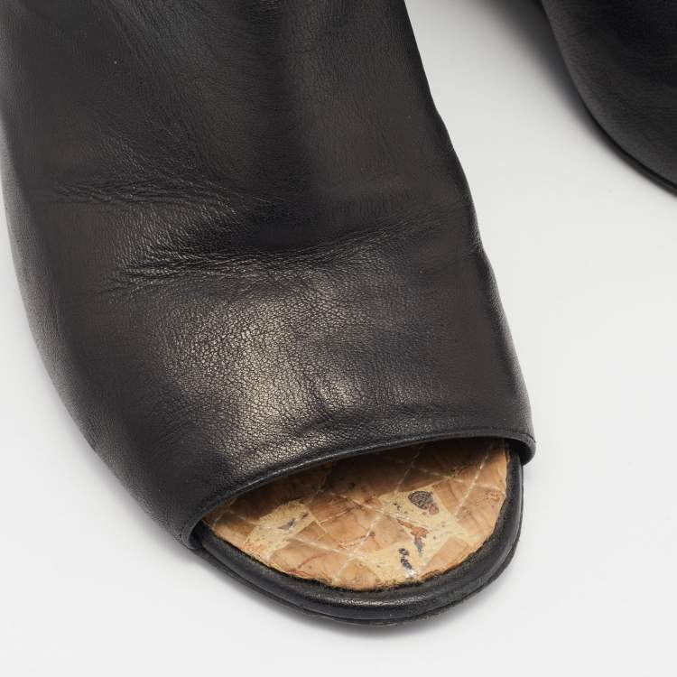 Pre Owned Chanel Black Leather Peep Toe Wedge Ankle Boots Size 40