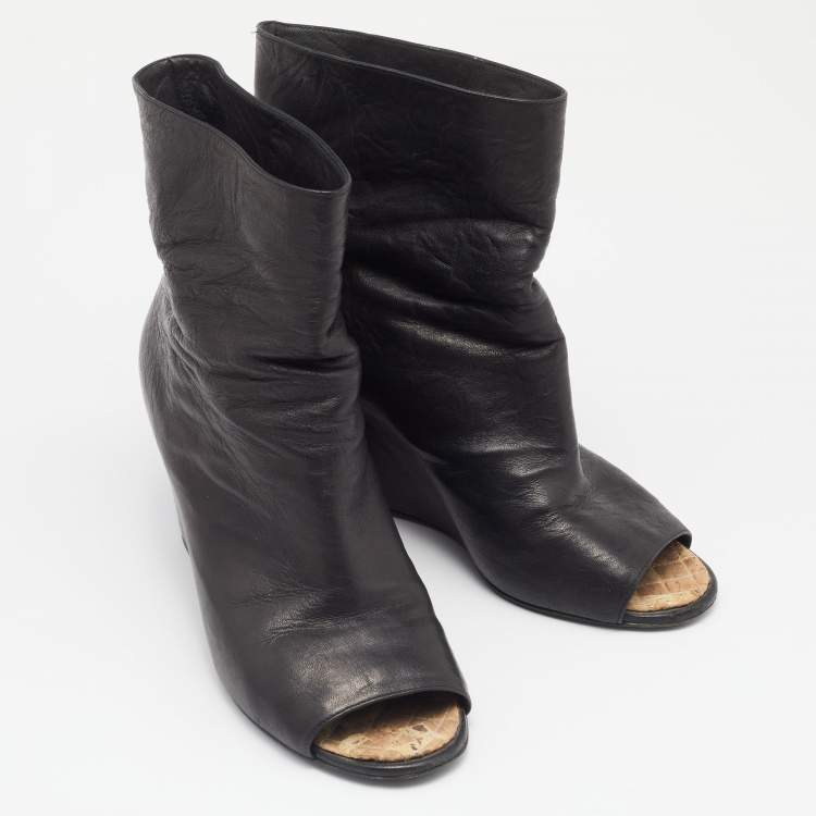 Pre Owned Chanel Black Leather Peep Toe Wedge Ankle Boots Size 40