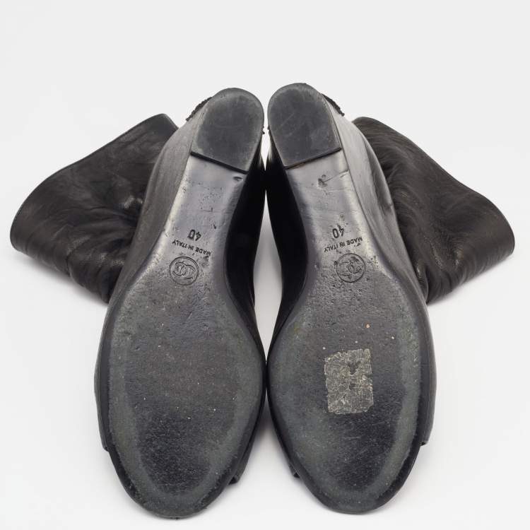 Pre Owned Chanel Black Leather Peep Toe Wedge Ankle Boots Size 40