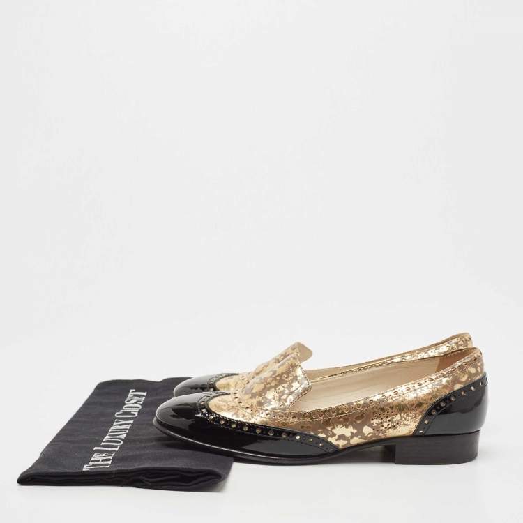 Pre Owned Chanel Black/Gold Brogue Patent and Printed Leather Slip On Loafers Size 37.5