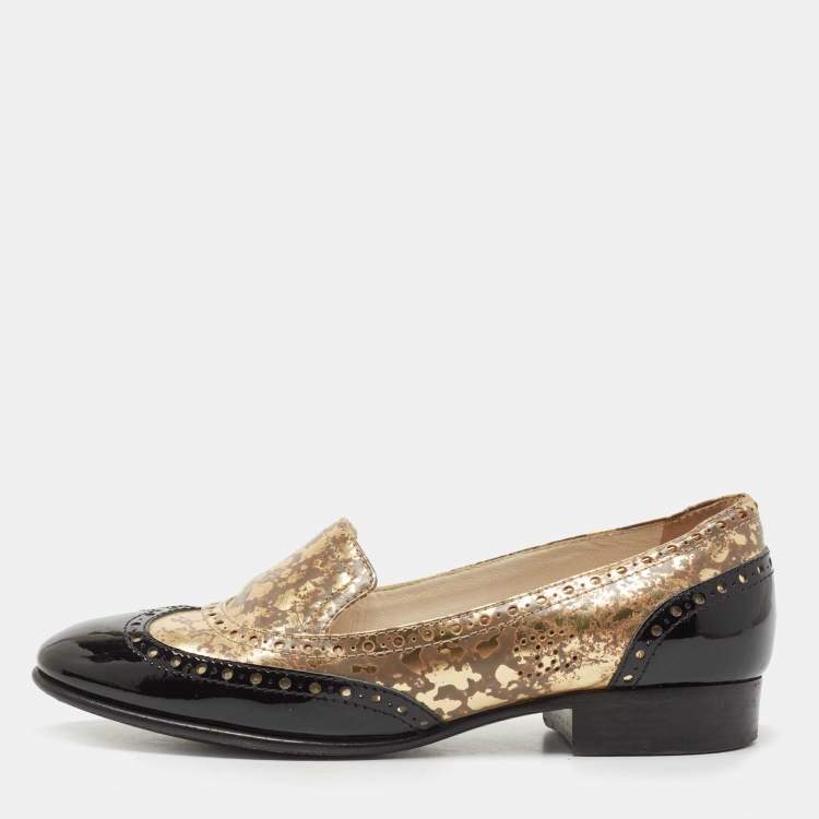 CHANEL CC Metallic Gold Calfskin Loafers Shoes (Size 37.5)