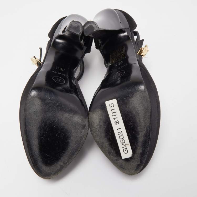 Pre Owned Chanel Black Satin Crystal Embellished T-Strap Platform Pumps Size 35.5