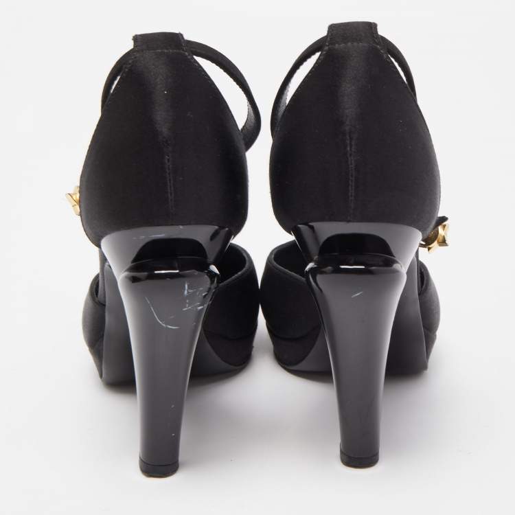 Pre Owned Chanel Black Satin Crystal Embellished T-Strap Platform Pumps Size 35.5