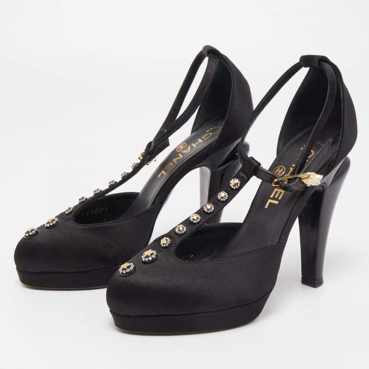 Pre Owned Chanel Black Satin Crystal Embellished T-Strap Platform Pumps Size 35.5